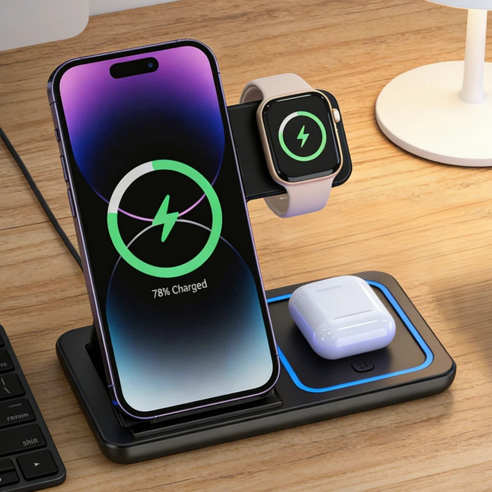Carregador Sem Fio 3 em 1 Dobrável 15W para iPhone iWatch e AirPods Estação de Carregamento Rápido