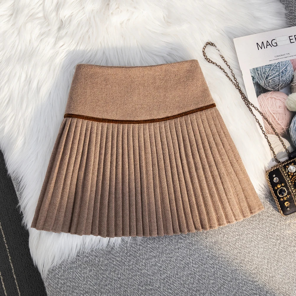 Women's Plaid Woolen Pleated Mini Skirt – High Waist Preppy Y2K Korean Style | Autumn Winter