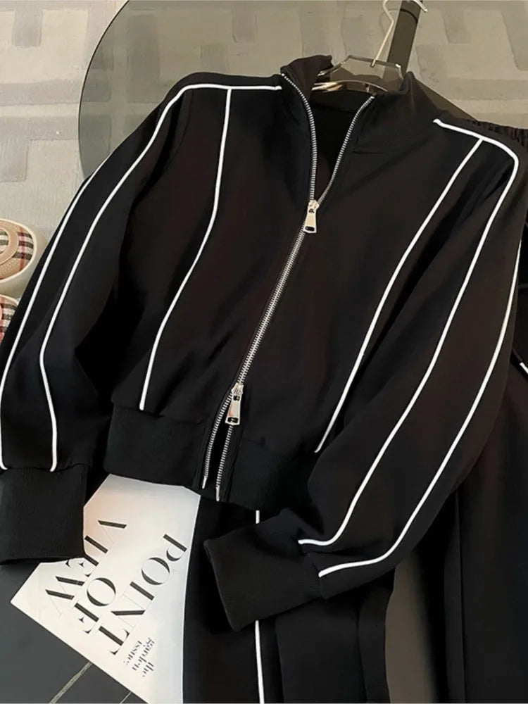 Color Block Two-Piece Set – Zip Jacket & Wide Leg Pants | Women's Casual Leisure Outfit