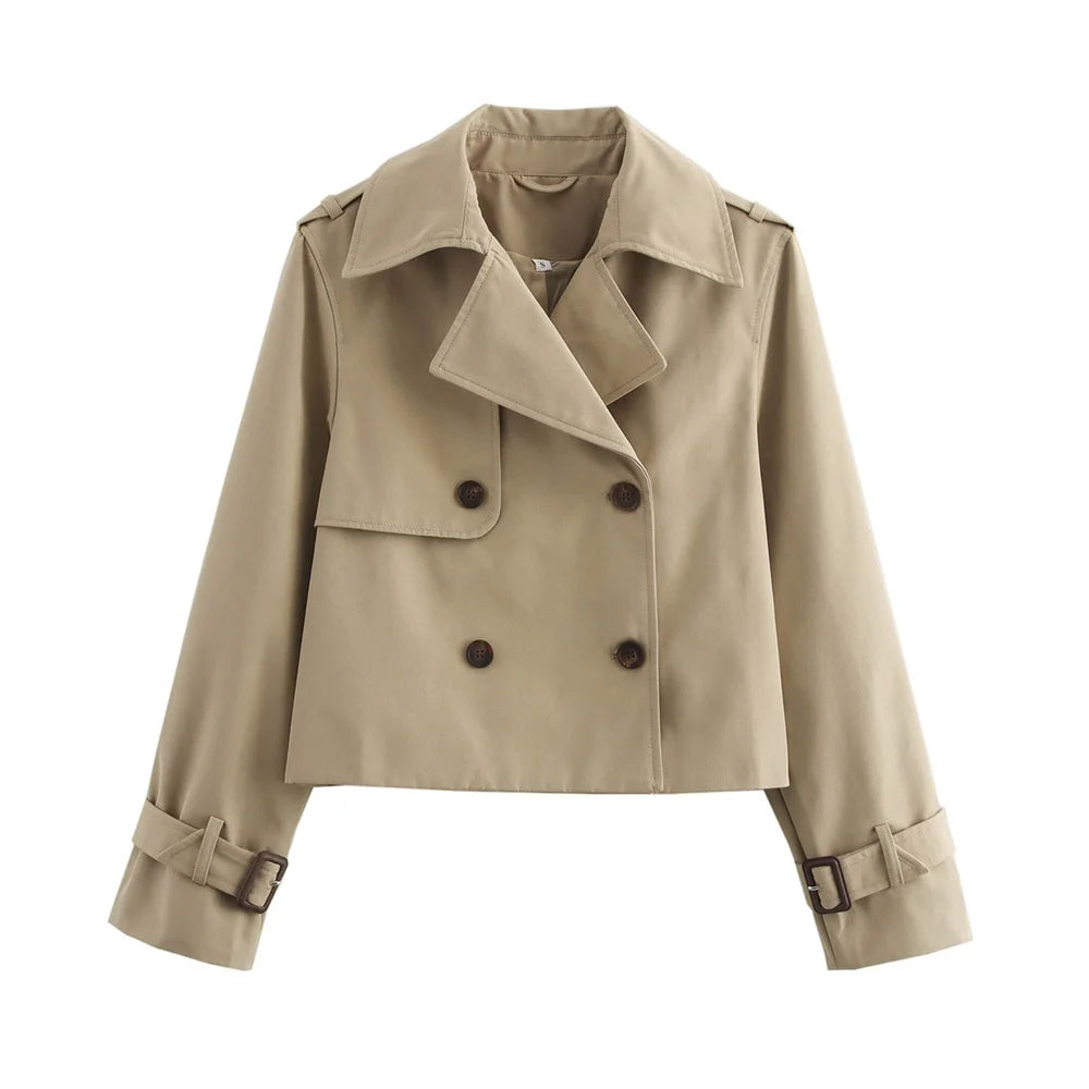 Women's Vintage Cropped Trench Coat | Double Breasted Streetwear Jacket | All Season | MOXFCIZO