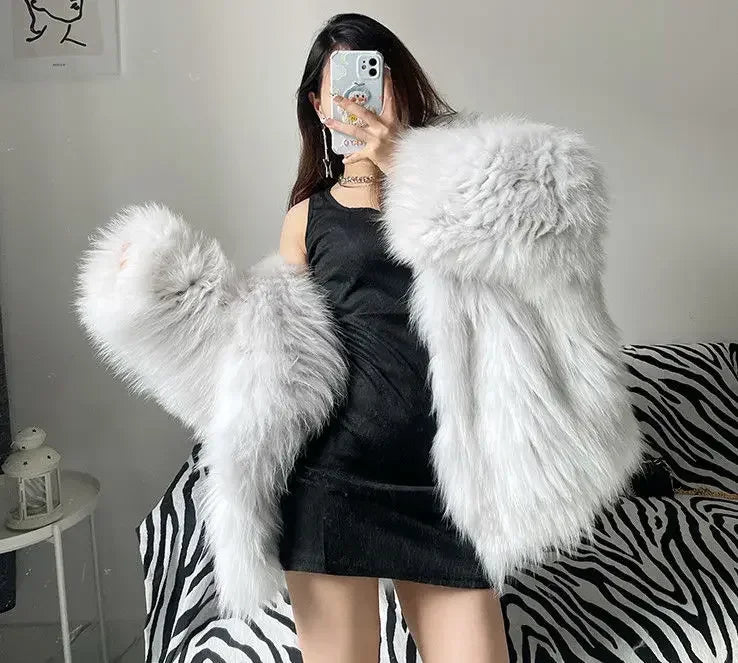 Women's Faux Fur Coat – Short Bat Sleeve Open Stitch Jacket | Autumn Winter