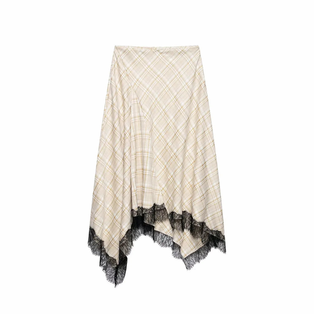 Women's Vintage Plaid Midi Skirt – Lace A-Line Knee-Length | Casual & Dinner