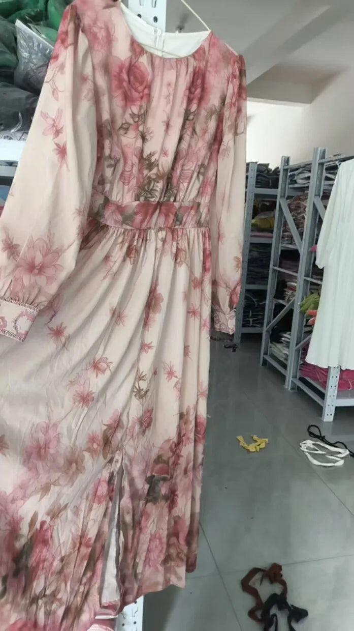 Vintage Floral Print Maxi Dress – Long Sleeve Boho Party Dress for Women