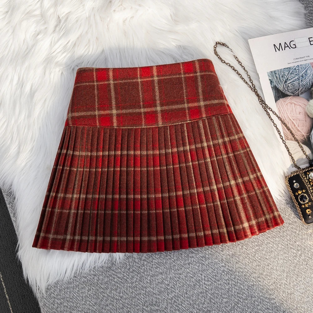 Women's Plaid Woolen Pleated Mini Skirt – High Waist Preppy Y2K Korean Style | Autumn Winter