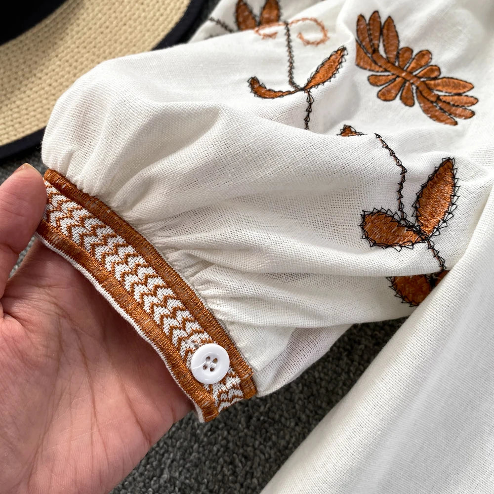 Women's Boho Floral Embroidery Blouse | Lantern Sleeve Loose Cotton Linen Top | Vintage Beach | TEELYNN