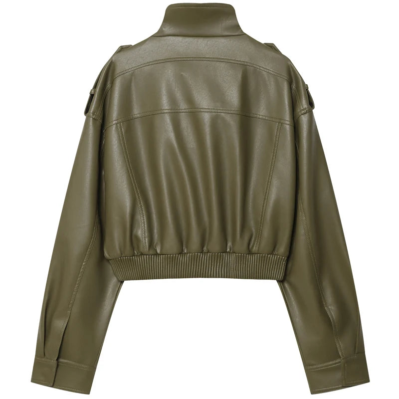 Women's Army Green Faux Leather Jacket – Streetwear Windbreaker Coat | Autumn