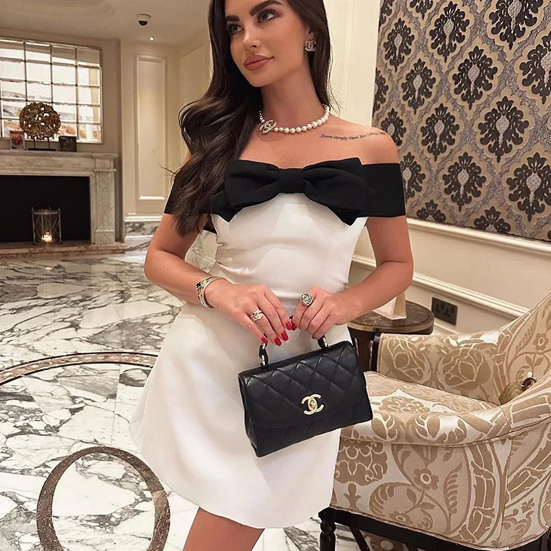 Off Shoulder Bow Mini Dress – Slim Fit Sleeveless | Women's Sexy Club & Party Streetwear