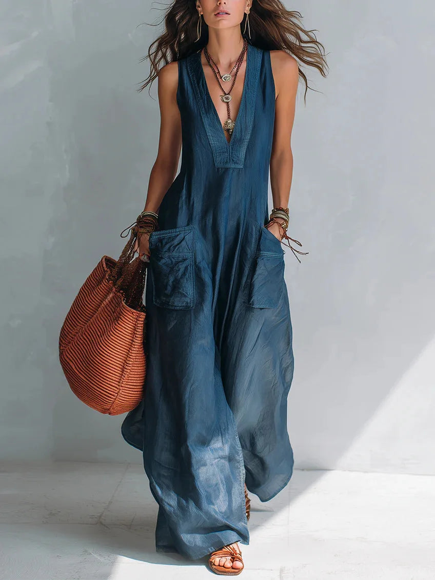Women's Sleeveless Linen Jumpsuit – Loose Wide Leg V-Neck Casual Bodysuit