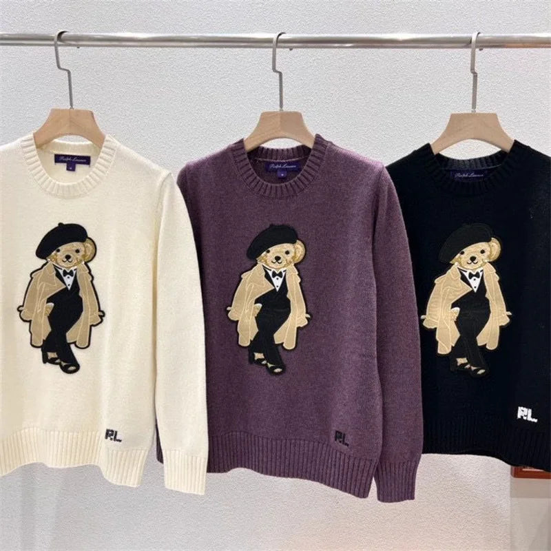 Women's Bear Embroidered Cashmere Sweater | Preppy Cartoon Knit Pullover | Round Neck | Autumn Winter | CBAFU