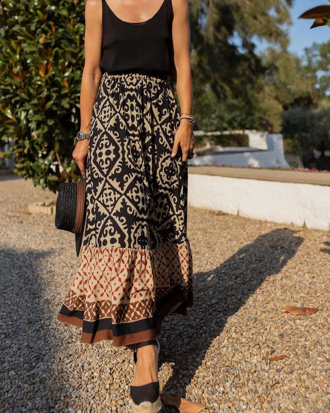 Women's Boho Chiffon Swing Midi Skirt | Elastic Waist Geometric Print | Beach & Daily Wear