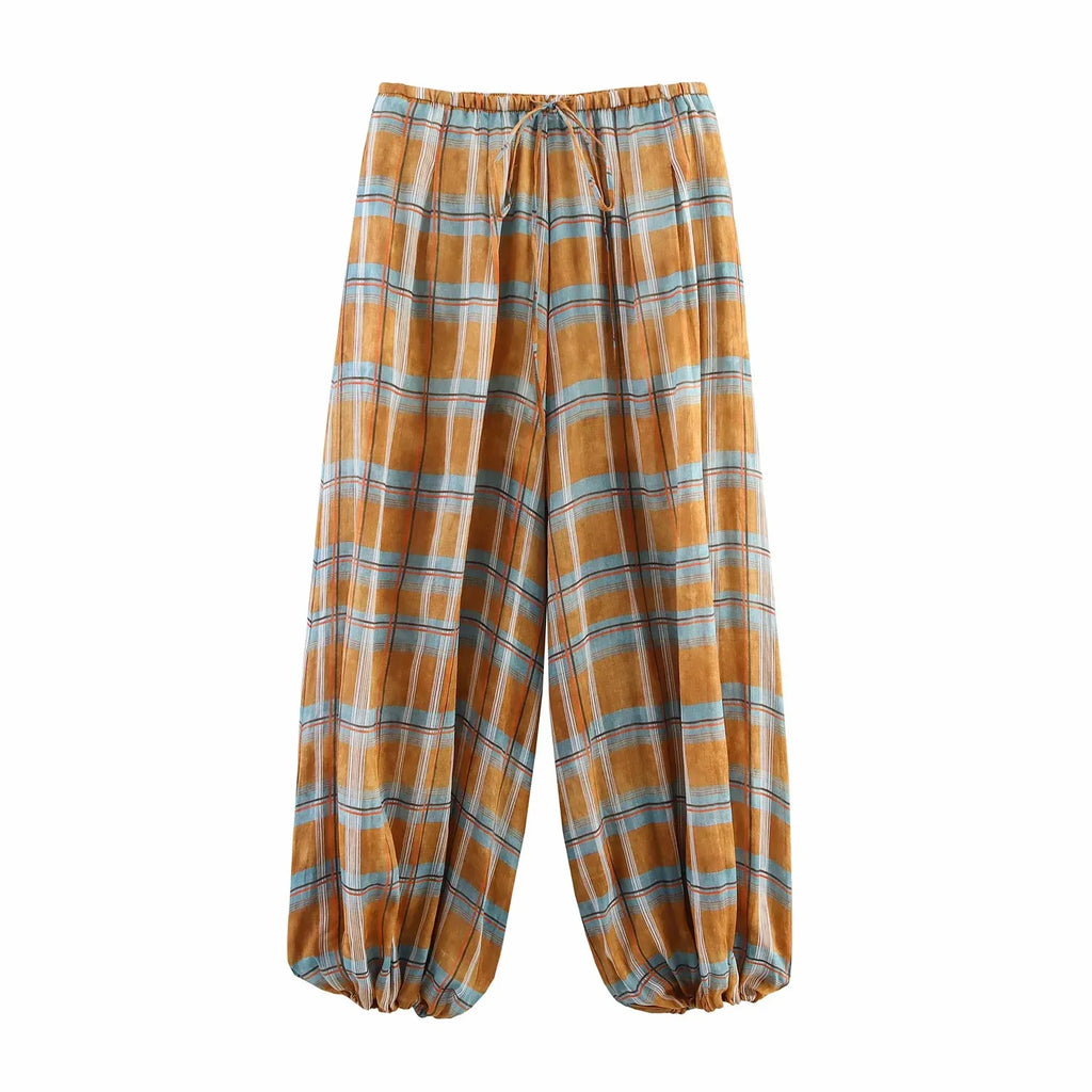 Women's Plaid Bloomers Pants – High-Waist Drawstring Loose Trousers