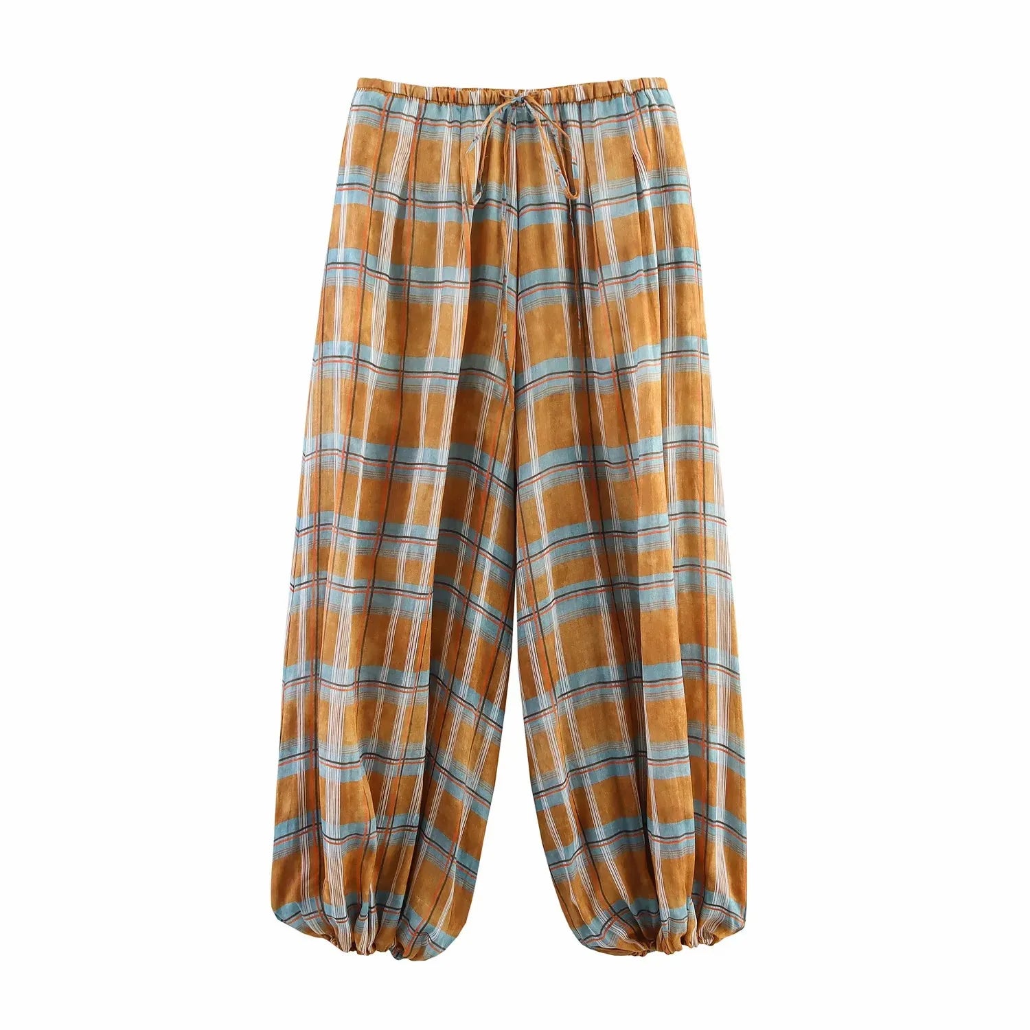 Women's Plaid Bloomers Pants – High-Waist Drawstring Loose Trousers