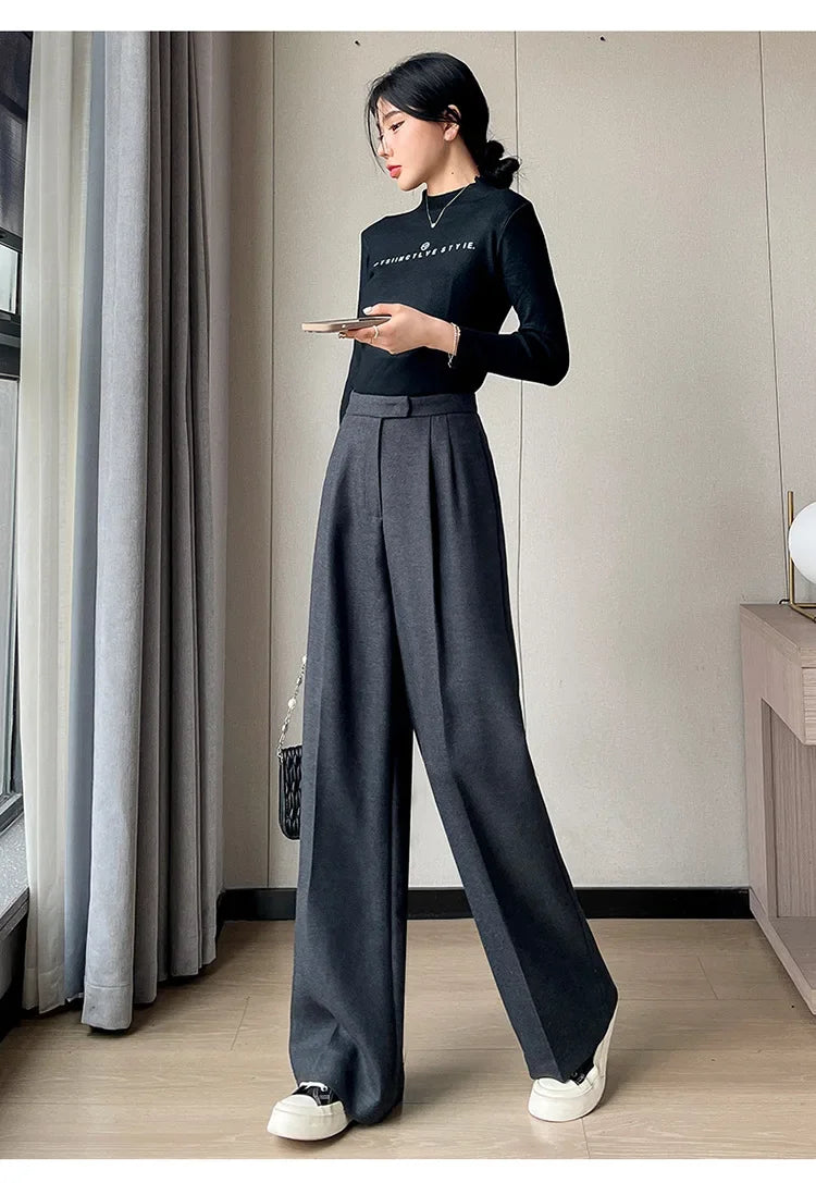 Women's High-Waist Straight Leg Pants – Korean Style Loose Casual Office Trousers