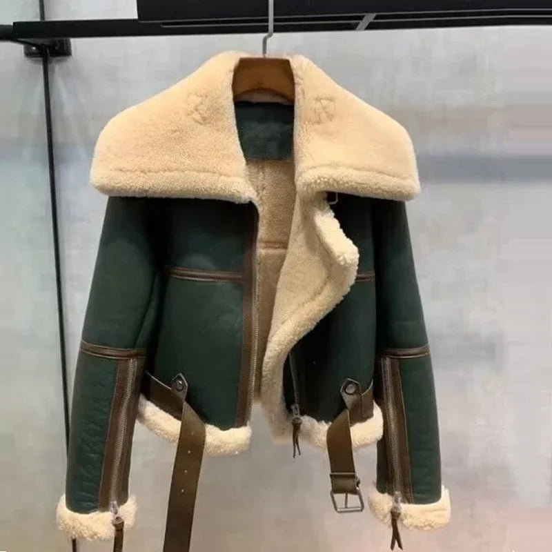 Women's Green Short Jacket – Faux Fur Lining Winter Coat | Korean Streetwear Style