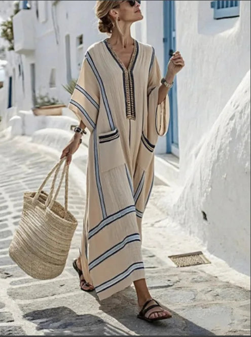 Stripe Print Pocket Maxi Dress – Loose V-Neck Short Sleeve | Women's Holiday & Office Wear