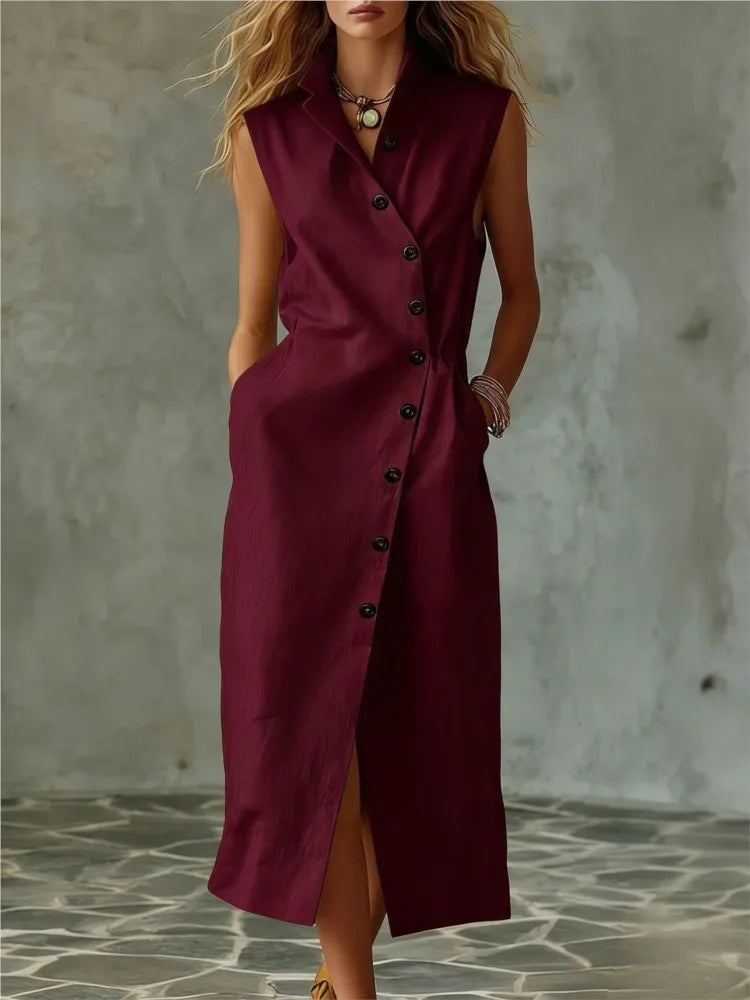 Elegant V-Neck Sundress – Sleeveless A-Line Midi Dress | Women's Summer Party Wear