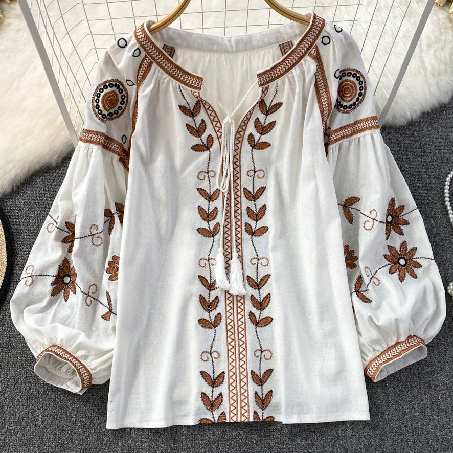 Women's Boho Floral Embroidery Blouse | Lantern Sleeve Loose Cotton Linen Top | Vintage Beach | TEELYNN