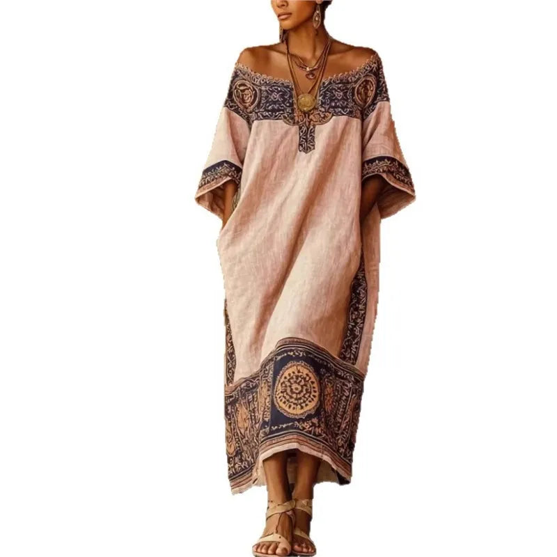 Geometric Print Pocket A-Line Dress – Loose O-Neck Short Sleeve | Women's Casual Vacation Wear