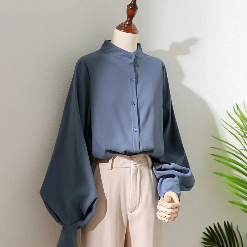 Women's Lantern Sleeve Blouse | Stand Collar Loose Puff Sleeve Top | Casual Office | Spring Summer