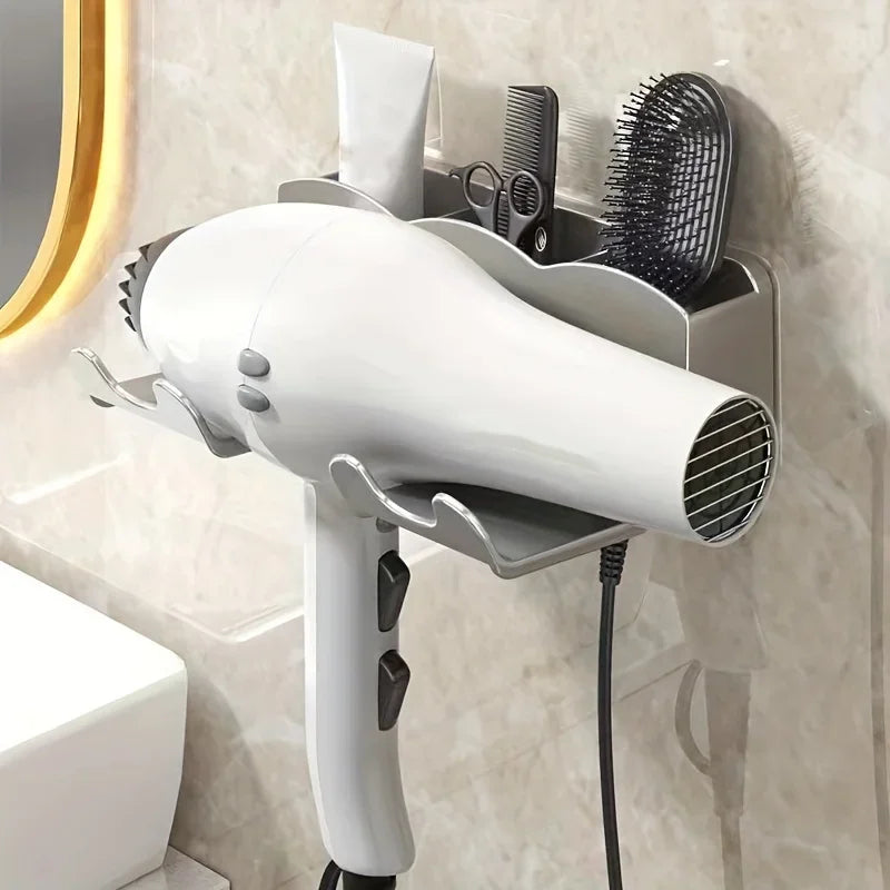Suporte de Parede para Secador de Cabelo sem Furos Organizador de Banheiro Reutilizável Preto e Branco