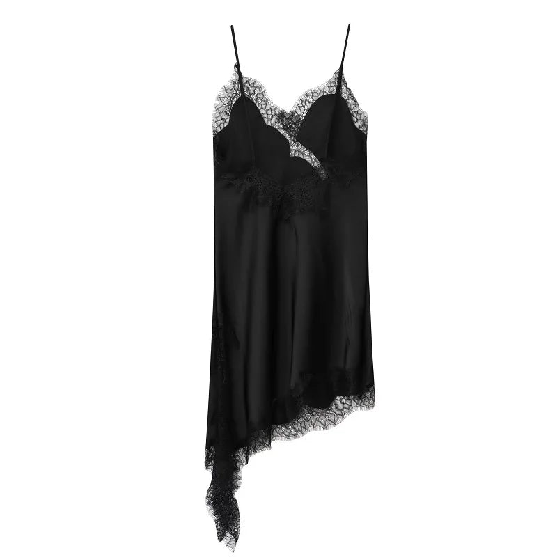 Women's Lace Slip Mini Dress – Backless Asymmetric Spaghetti Strap Party Dress