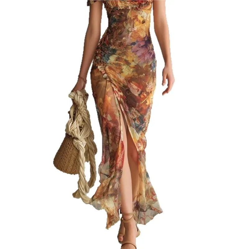 Boho Floral Maxi Dress – Square Neck Ruched Bodycon Long Dress for Women