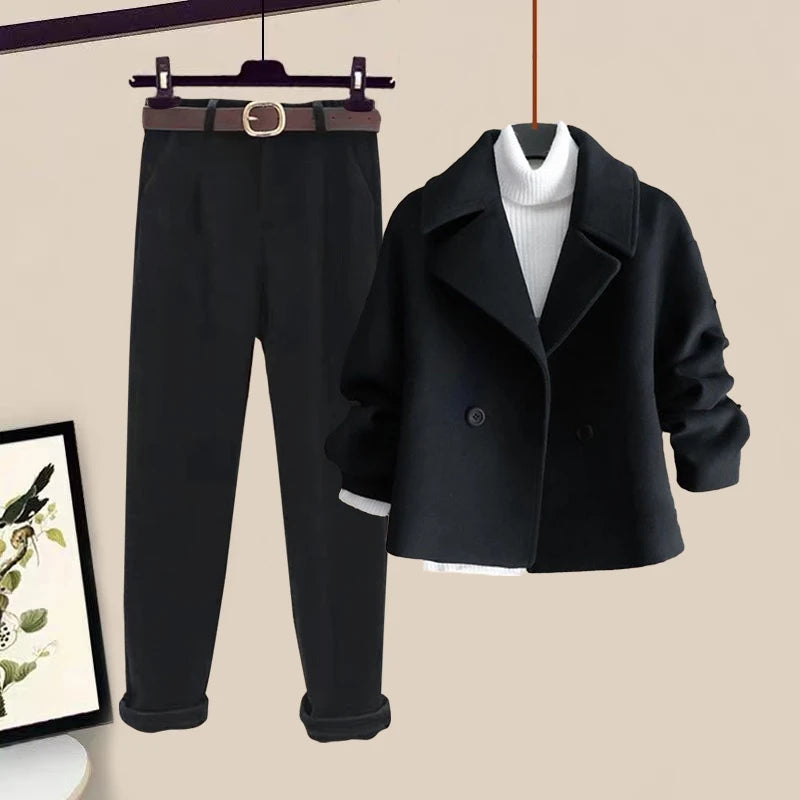Women's Knitted 3-Piece Set – High-Neck Slim Fit Elegant Autumn Winter Ensemble