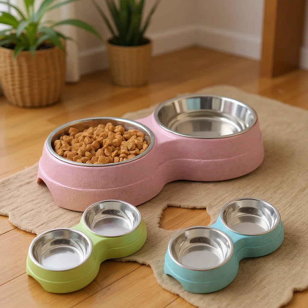 Comedouro Duplo Antiderrapante para Cães e Gatos com Base Redonda para Água e Ração