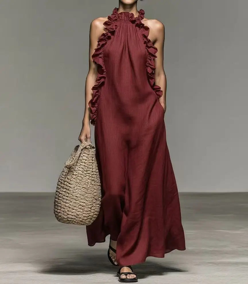 Elegant Ruffle Halter Maxi Dress – Sleeveless Flowy Sundress for Women
