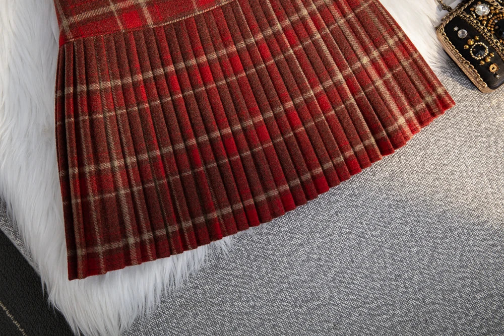 Women's Plaid Woolen Pleated Mini Skirt – High Waist Preppy Y2K Korean Style | Autumn Winter