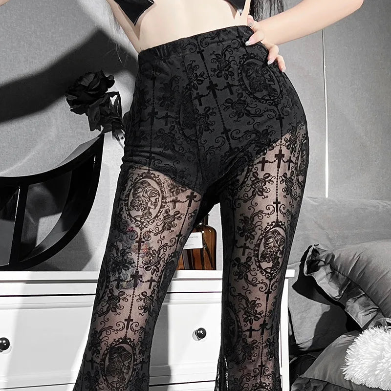 Women's Gothic Flare Pants – Mesh See-Through Flocking Lace High Waist Punk Alt Trousers