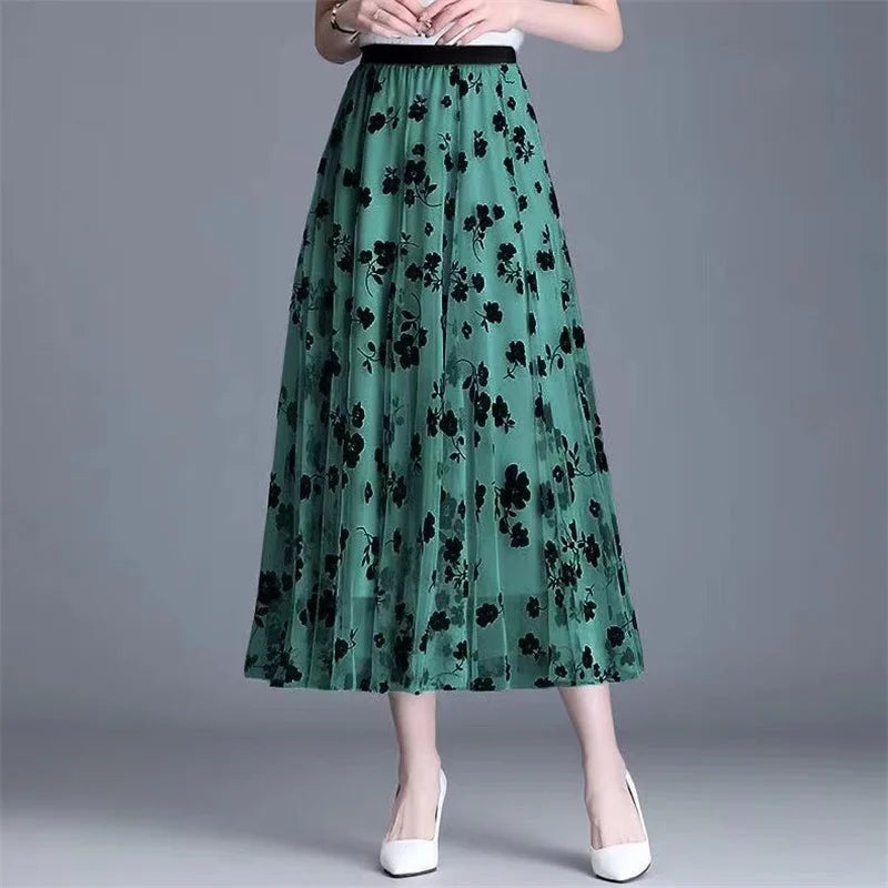 Women's Floral Lace Mesh A-Line Skirt – High Waist Big Swing Elegant Midi Skirt | Spring Summer