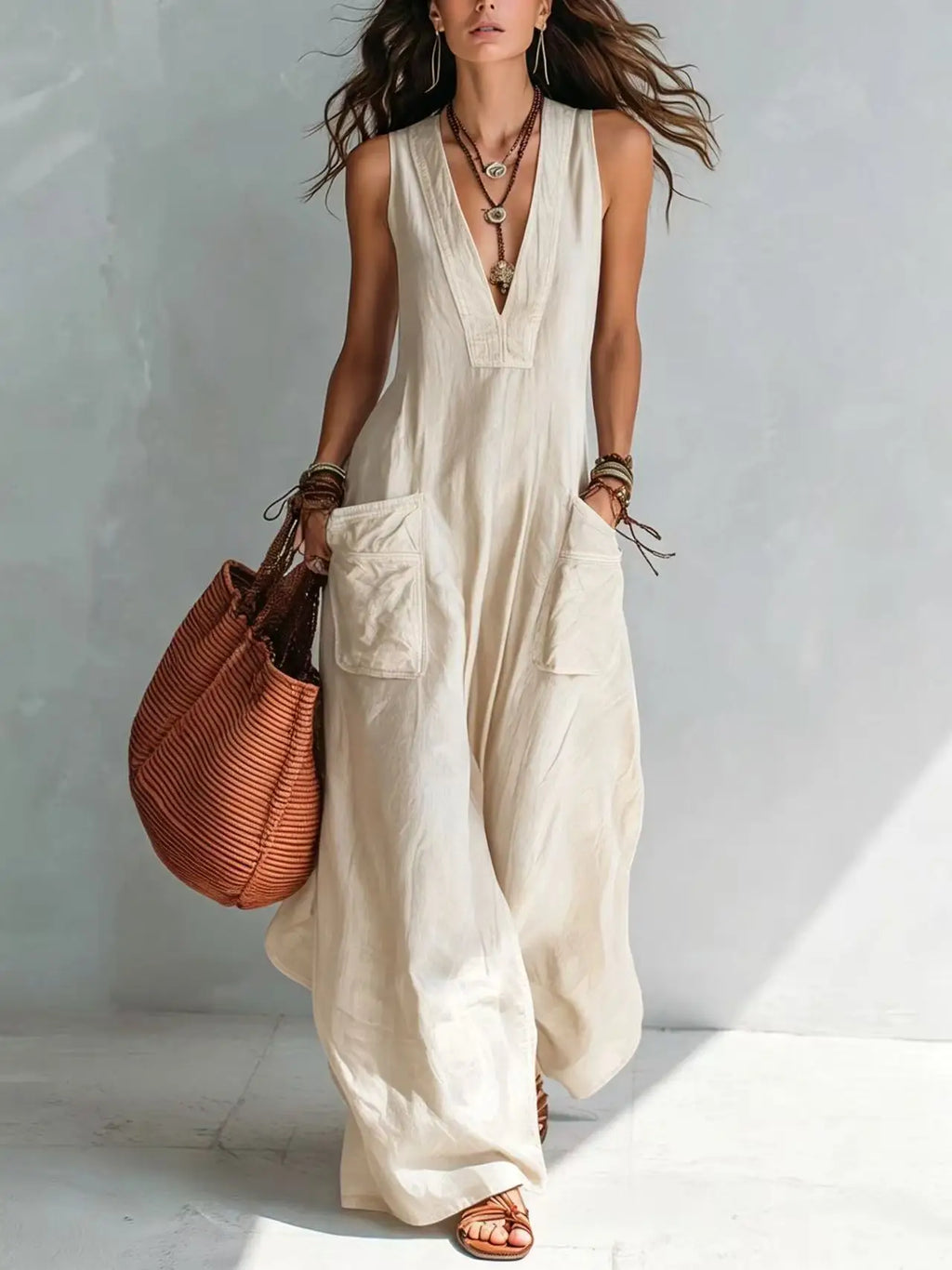 Women's Sleeveless Linen Jumpsuit – Loose Wide Leg V-Neck Casual Bodysuit