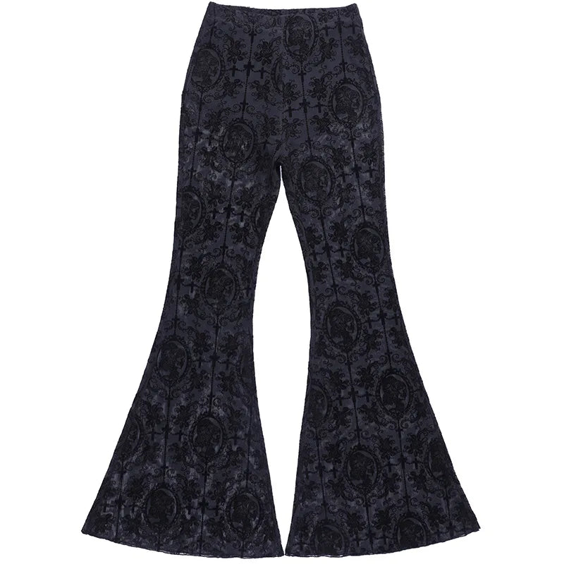 Women's Gothic Flare Pants – Mesh See-Through Flocking Lace High Waist Punk Alt Trousers