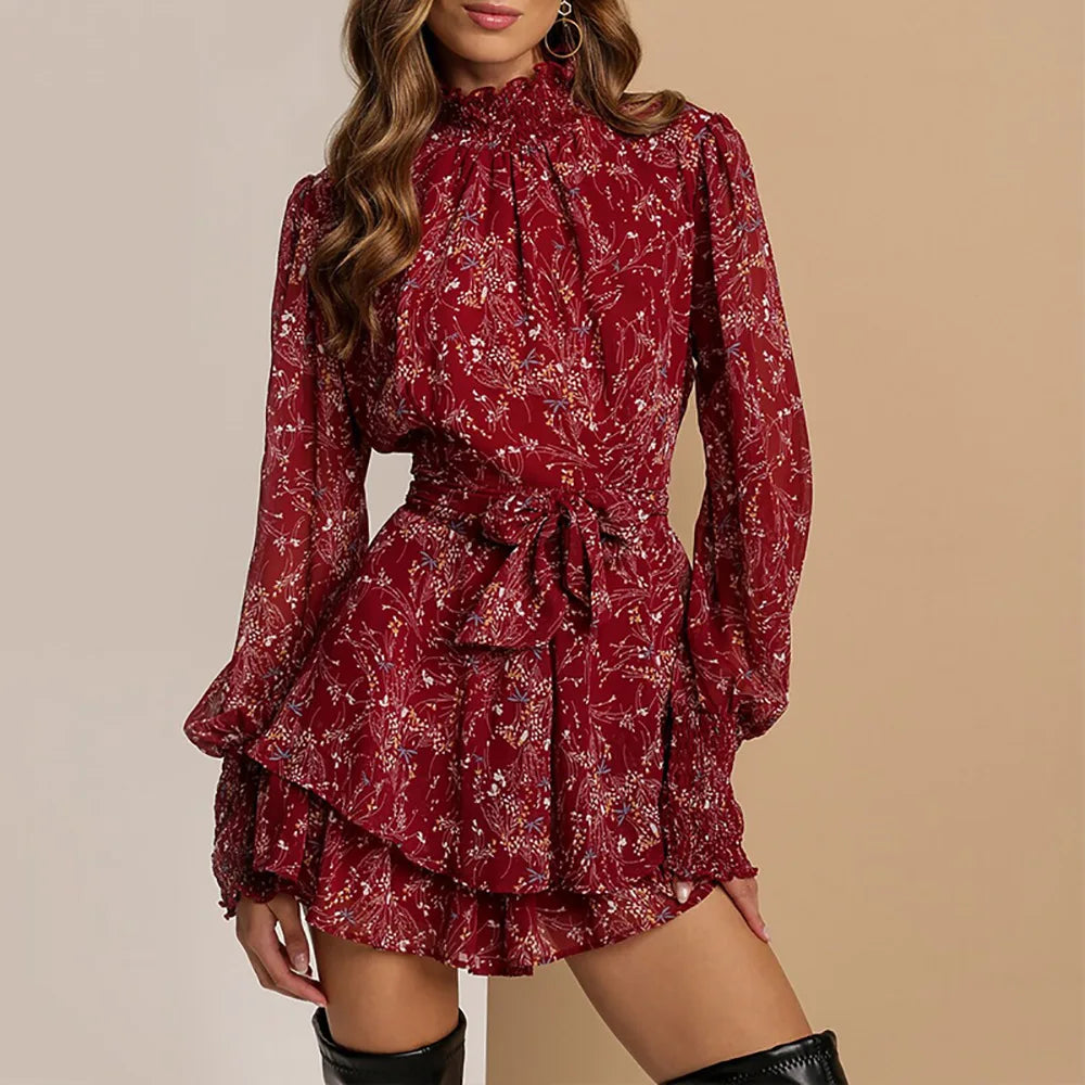 Women's Chiffon Ruffle Floral Print Mini Dress | Half Turtleneck Lace-Up A-Line | Elegant Office Style