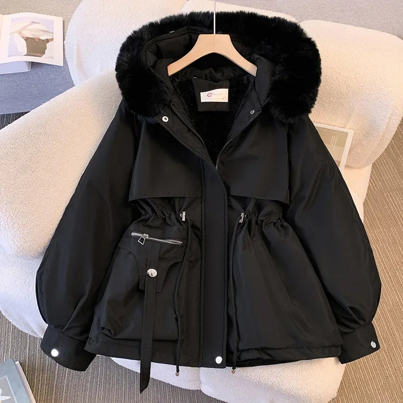Women's Fleece-Lined Hooded Puffer Jacket – Drawstring Padded Parka | Korean Streetwear