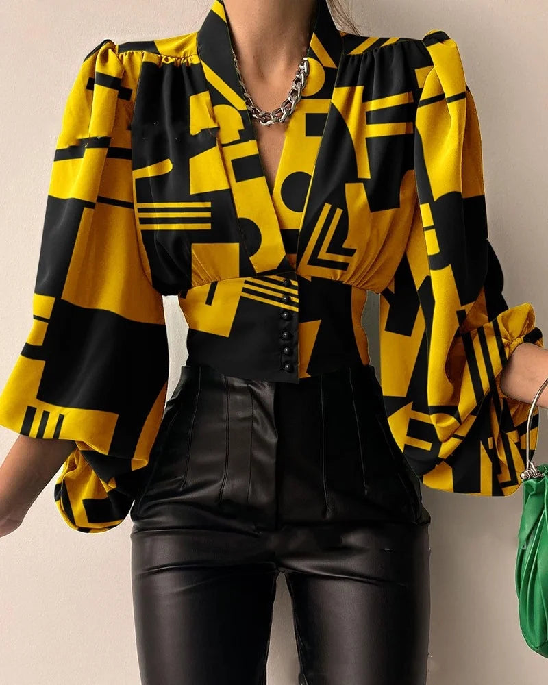 Women's Lantern Sleeve V-Neck Blouse – Slim Print Button Shirt | Office Lady Style