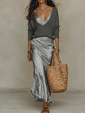 Women's Satin Maxi Dress & Long Sleeve Top Set – Elegant Evening Gown