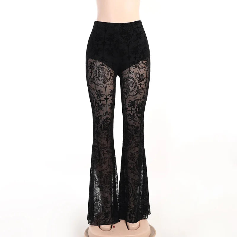 Women's Gothic Flare Pants – Mesh See-Through Flocking Lace High Waist Punk Alt Trousers
