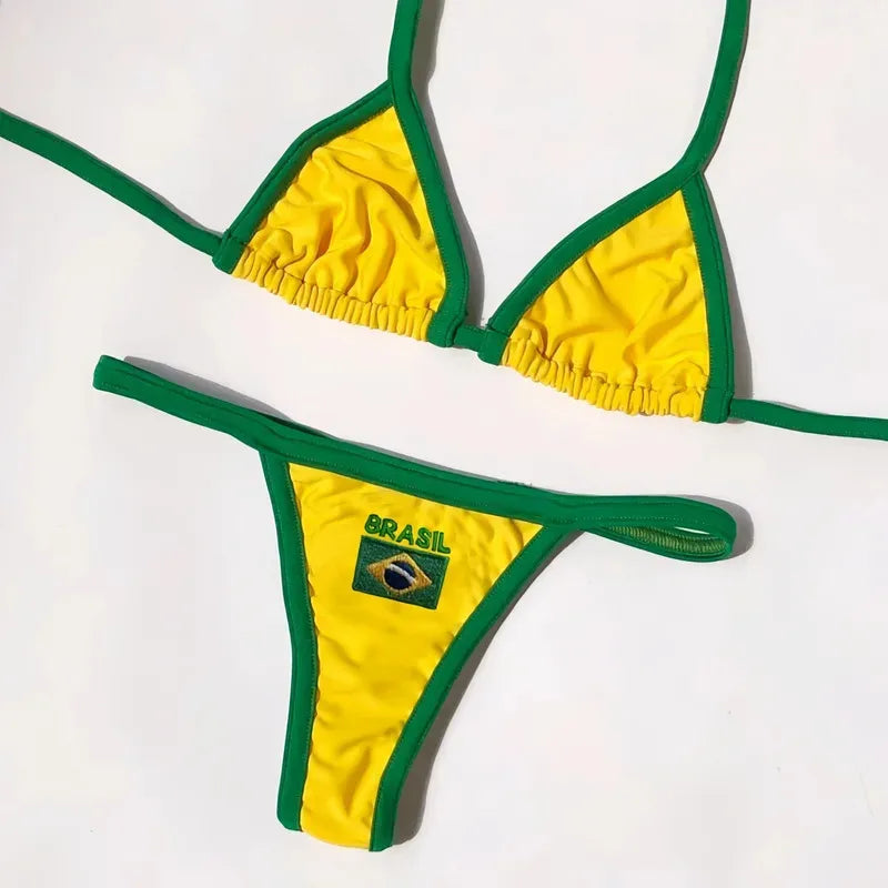Biquíni Bordado Bandeira do Brasil Patchwork Feminino com Bojo Sem Aro Verão 2026 S M L