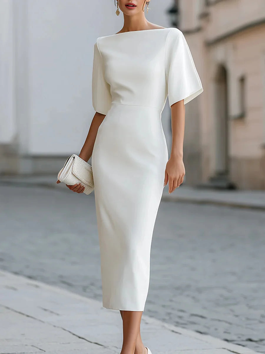Elegant Slash Neck Midi Dress – Fitted Waist | Women's Formal & Party Wear