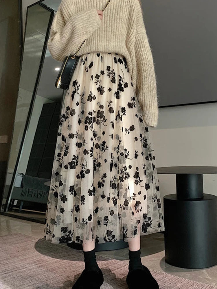 Women's Floral Lace Mesh A-Line Skirt – High Waist Big Swing Elegant Midi Skirt | Spring Summer