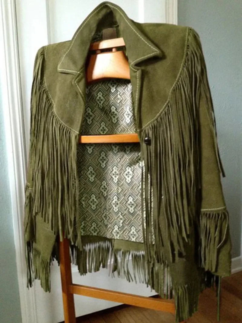 Women's Suede Tassel Jacket – Lapel Single Button Streetwear Coat | Autumn Winter