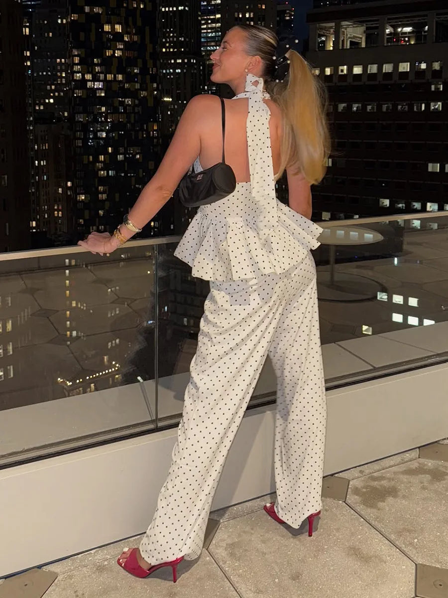 Women's 2-Piece Polka Dot Set – Sleeveless Top & High-Waist Pants Outfit