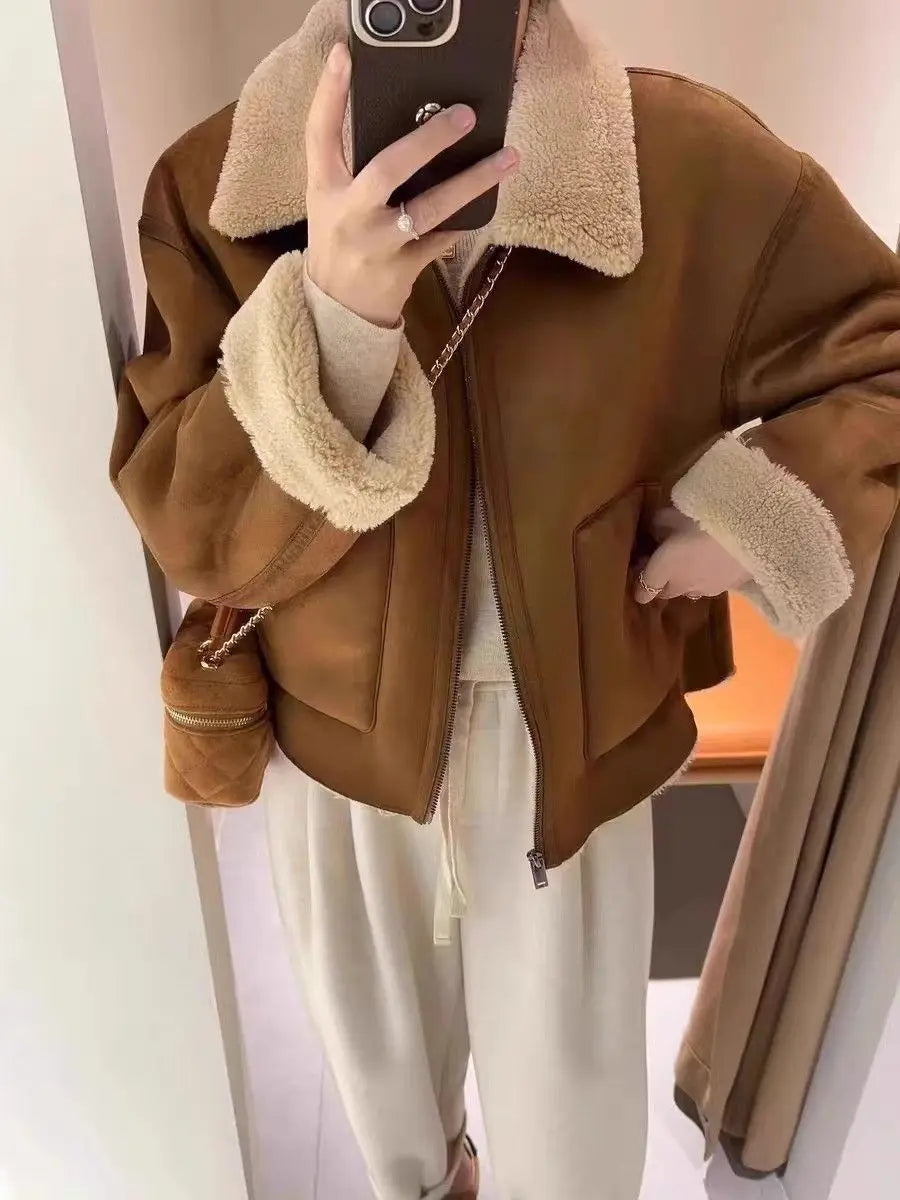 Women's Korean Lamb Fur Jacket – Retro Collared Loose Short Coat