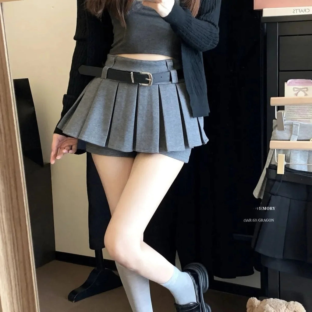 Women's High-Waist Pleated Mini Skirt – Anti-Light Slim Fit Autumn Winter Short Skirt with Belt