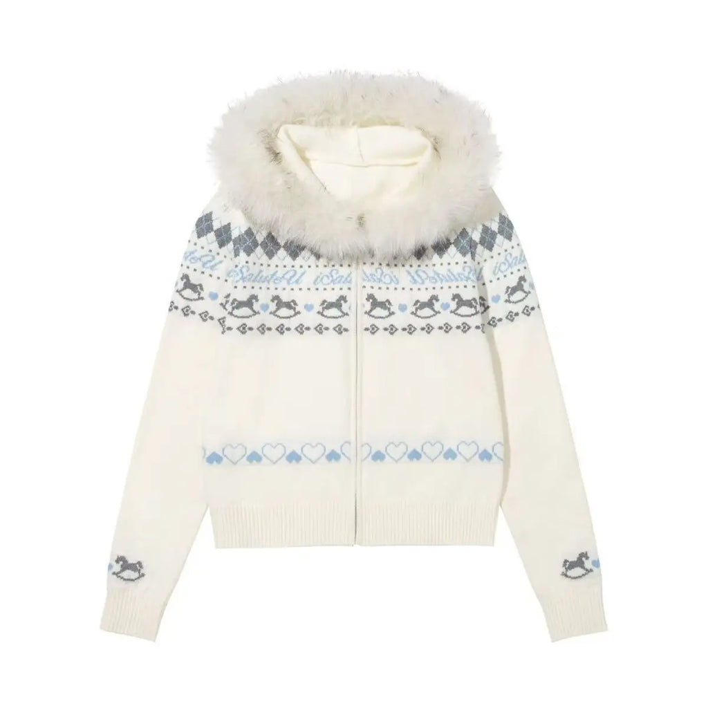 Women's Fair Isle Zip-Up Cardigan | Faux Fur Hood Rocking Horse Heart Print | Japanese Preppy Retro Knit | JBOLID