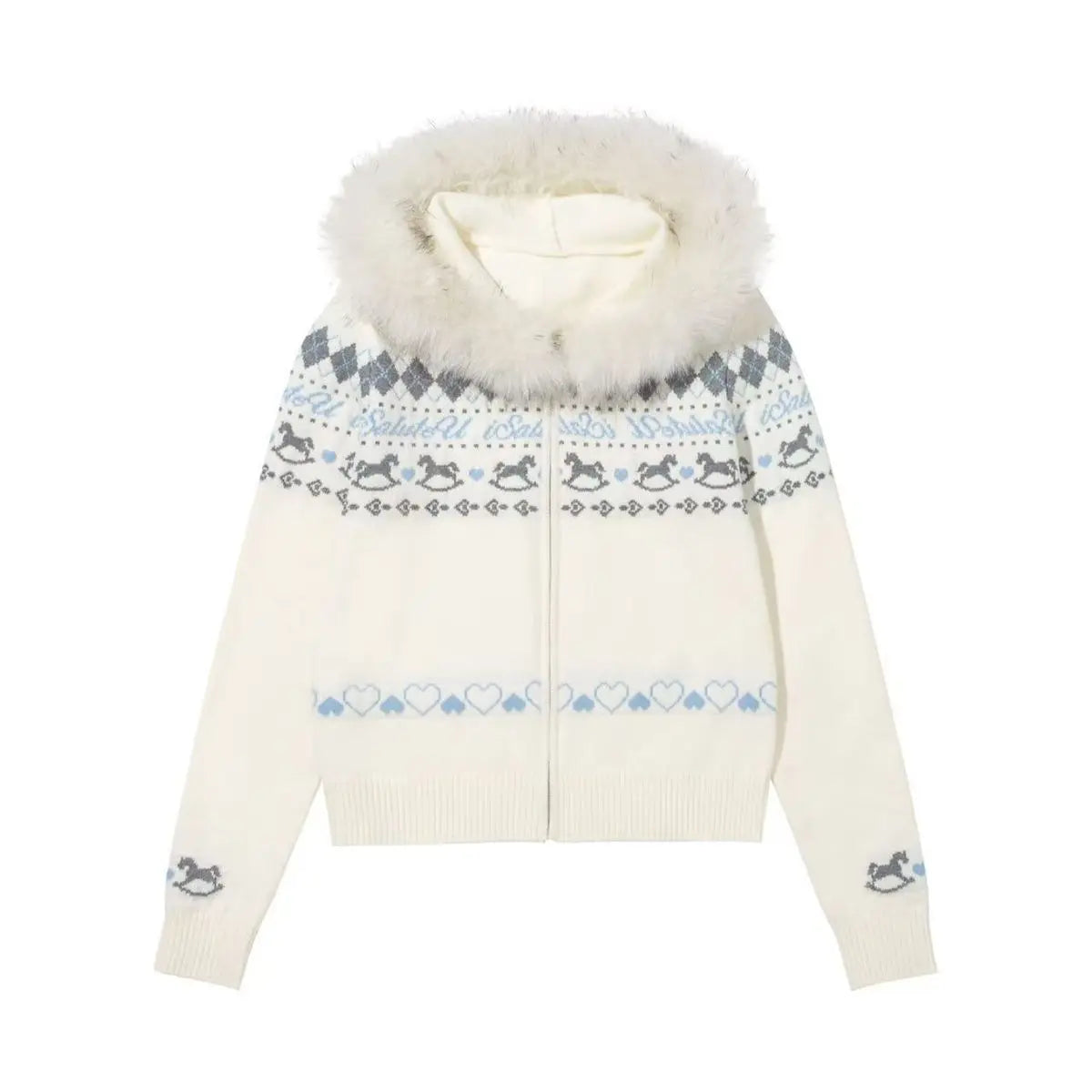 Women's Fair Isle Zip-Up Cardigan | Faux Fur Hood Rocking Horse Heart Print | Japanese Preppy Retro Knit | JBOLID