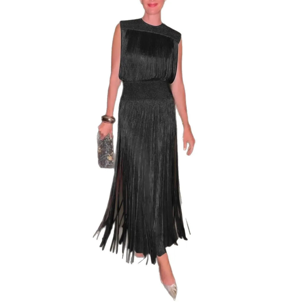 Two-Piece Tassel Dress Set – Sleeveless Hollow Out Evening Party Dress for Women