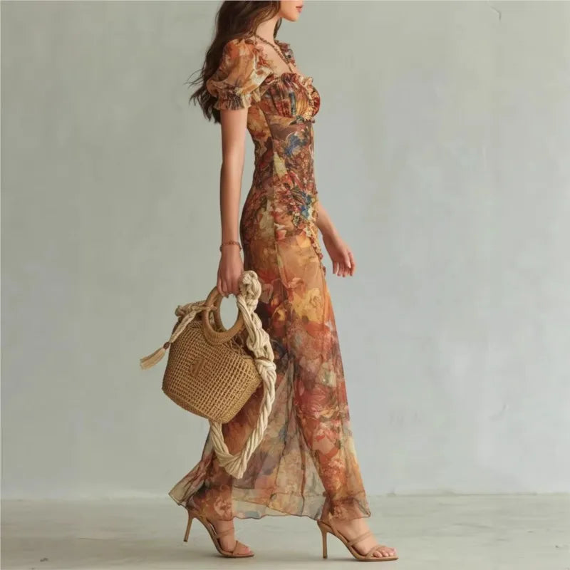Boho Floral Maxi Dress – Square Neck Ruched Bodycon Long Dress for Women
